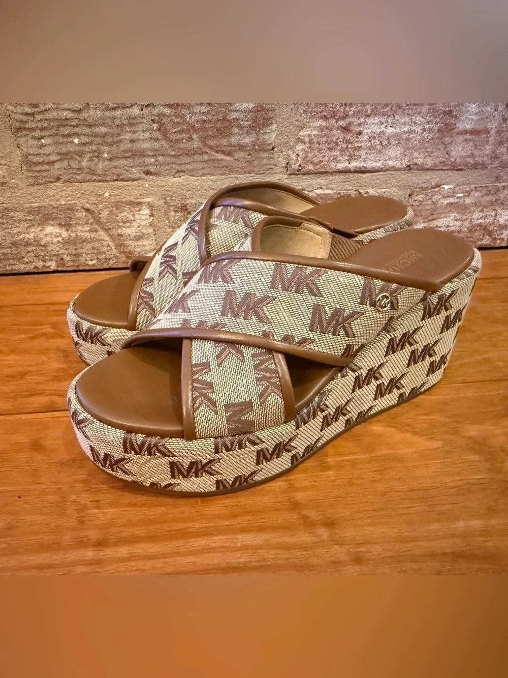 Michael Kors Tan/Brown MK Logo Platform Wedge Slides